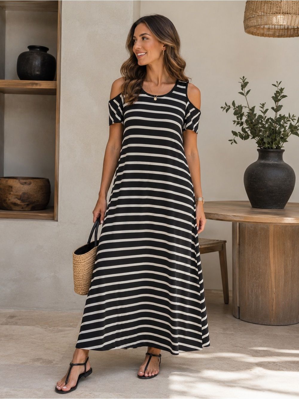 (W3) Daisy Island Striped Cold-Shoulder Maxi Dress vintage - Black & White,Sz XL